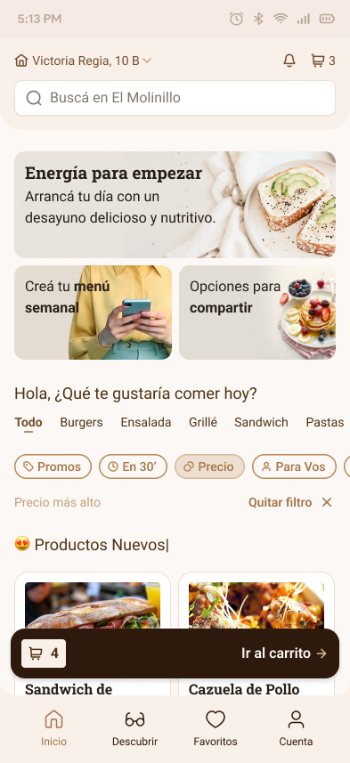 El Molinillo home screen showing the user's loyalty score and order history